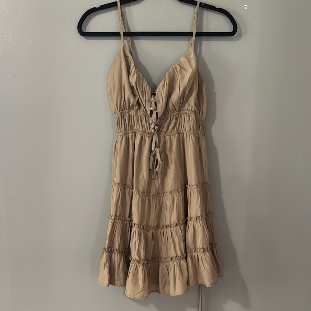 MARBLE Tan Ruched Tiered Mini Sundress